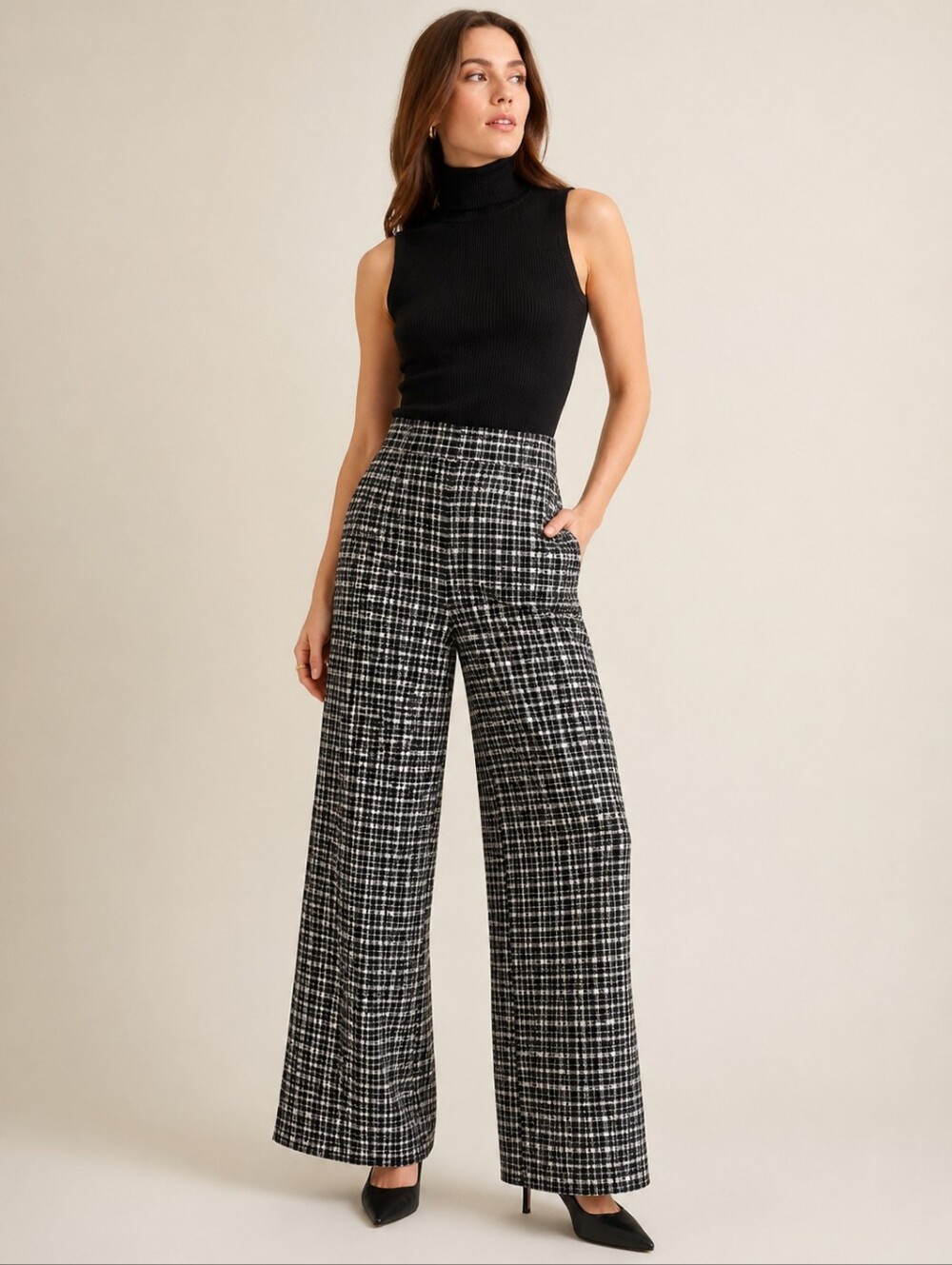 Carolina Herrera New York Plaid Wide Leg Pants Size 10 Wool Blend Trouser